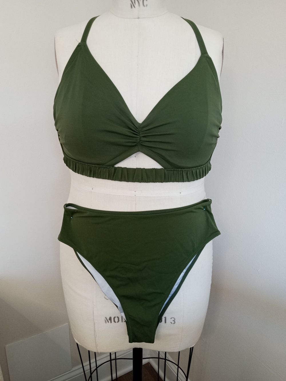 Olive Green Ruched V-Neck Bikini Set 38DD M